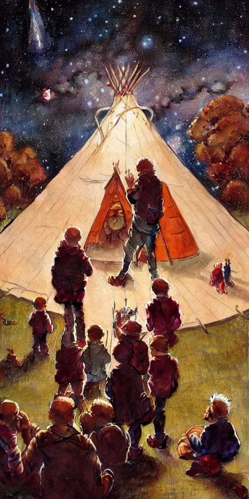 Image similar to a mother a father and 8 children sitting in front of a tipi and seeing the universe full of galaxies and planets, imagination, part by norman rockwell, part by greg rutkowski, part by mattias adolfsson, high angle, ( ( ( ( volumetric lighting ) ) ) ), oil on canvas