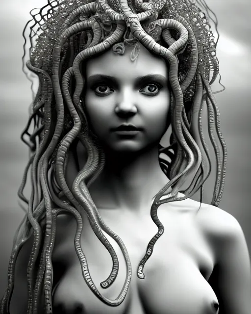 Image similar to surreal mythical dreamy underwater artistic black and white 3 d render of a translucent beautiful young female angelic - medusa - vegetal - doll, highly detailed, intricate crystal ivy jelly ornate, poetic, translucent algae ornate, digital art, octane render, 8 k artistic photography, photo - realistic, hg giger flora borsi