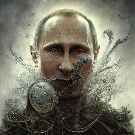 Image similar to a beautiful detailed 3 d matte portrait of a vladimir putin, by ellen jewett, by tomasz alen kopera, by justin gerard, ominous, magical realism, texture, intricate, skull, skeleton, money, whirling smoke, radiant colors, fantasy, volumetric lighting, high details