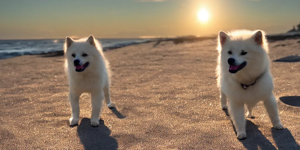 Image similar to a closeup photorealistic photograph of a robot cyborg japanese spitz on the beach at sunset. part dog part machine, pipes and wires glowing eyes. robot dog. part robot dog. hybrid machine dog. this 4 k hd image is trending on artstation, featured on behance, well - rendered, extra crisp, features intricate detail and the style of unreal engine. golden hour