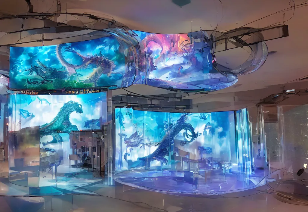 Prompt: curved transparent 3 d videoscreens with dragon, volumetric lighting, bedroom, visor, users, pair of keycards on table, bokeh, creterion collection, shot on 7 0 mm, instax