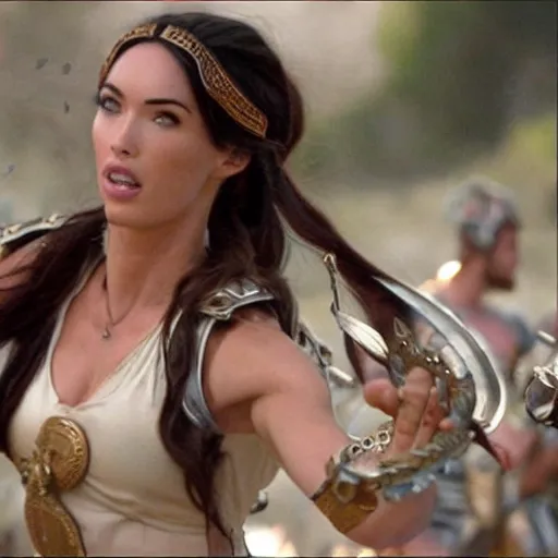 Image similar to the greek goddess athena in battle, scene from live action movie, starring megan fox