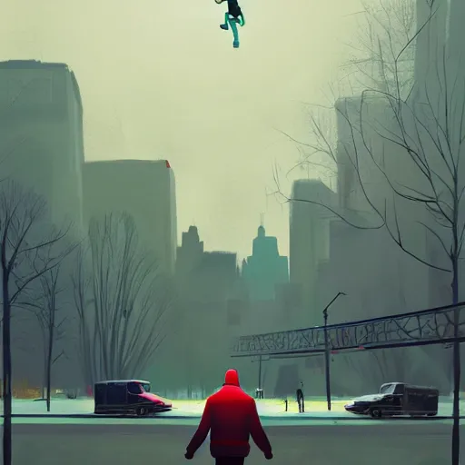 Prompt: concept art by Stan stalenhag of Agent 47 skateboarding in the central park. epic wide angle shot, cinematic lighting, photorealistic, award winning on Artstation, hyper detailed, hyper realistic.