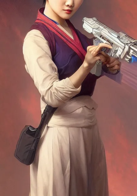 Image similar to realistic asian woman holding a vintage sci - fi gun, handsome, intricate, elegant, highly detailed, digital painting, artstation, concept art, smooth, sharp focus, illustration, art by artgerm and greg rutkowski and alphonse mucha and william - adolphe bouguereau