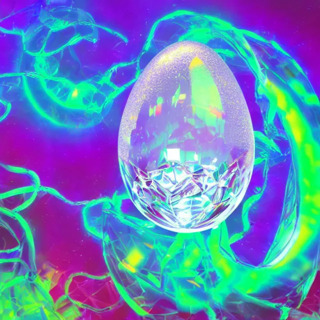 Image similar to a crystal egg breaking open with a great serpent rising out, occult aesthetics alchemy, award winning art, chromatic aberration polychromatic colors