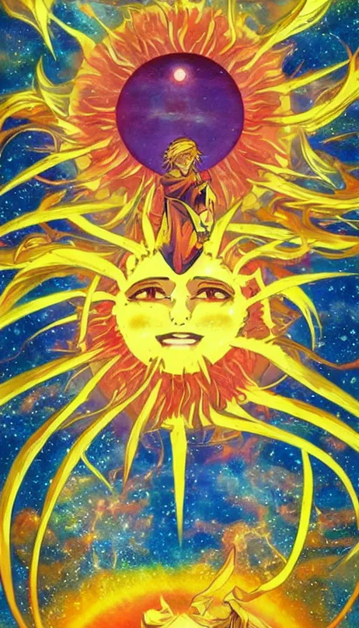 Image similar to the sun, art, anime, bright light, positive vibes based on the Tarot card The Sun