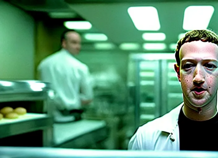 Image similar to film still of mark zuckerberg as agent smith working in a bakery in the new matrix movie, 4 k