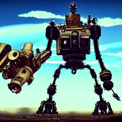 Prompt: a giant steampunk robot shooting at another giant steampunk robot, epic, intense, particles, studio ghibli, anime,
