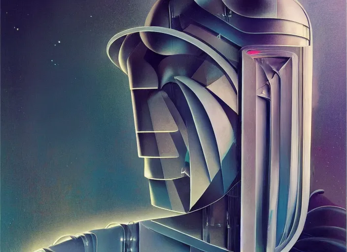 Prompt: a portrait headshot of sci fi metallic human, bright eyes, melancholic complex geometric figure liminal machinery by oskar schlemmer, moebius, john berkey, teamlab, oil on canvas, portrait facial head, featured on artstation, hd wallpaper