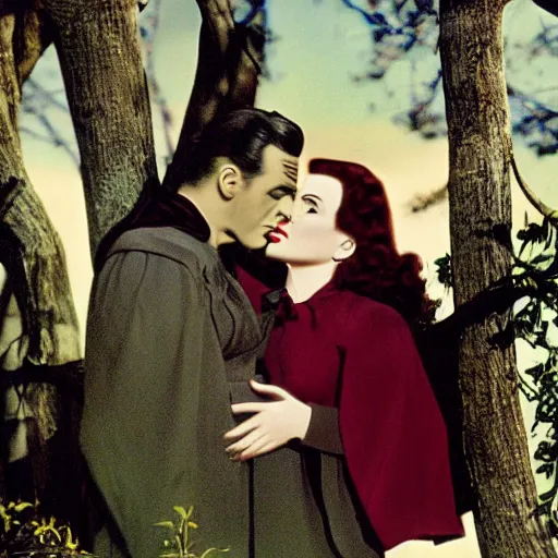 Image similar to 1 9 3 9 technicolor movie still of vampire under a big tree in the sunset, biting scarlet o'hara's neck as she swoons. he is wearing a black cape with a high collar and he is pale.