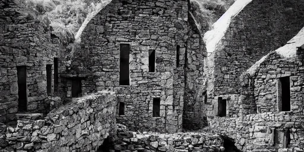 Image similar to long and tall organic stone houses, stone village, jungle, black and white photography, year 1 9 0 0, artstation, digital art