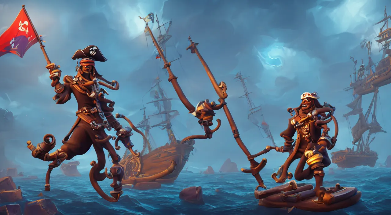 Image similar to a wide shot of a stylized 3D CGI fortnite pirate standing on the front of the ghost ship with the black Jolly Roger flag, the ghost ship is in the middle of the ocean, fantasy art overwatch and heartstone, by RHADS, cgsociety, artstation hq, octane render, 8k,