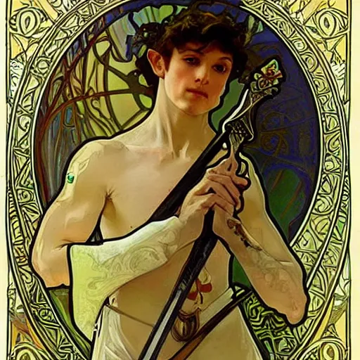 Image similar to An elf prince with a sword ,alphonse mucha