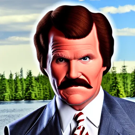 Image similar to Ron Burgundy standing near a lake with Champ Kind