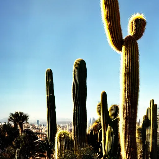 Prompt: photorealistic thousands of san pedro cactus very tall and large towering over a city