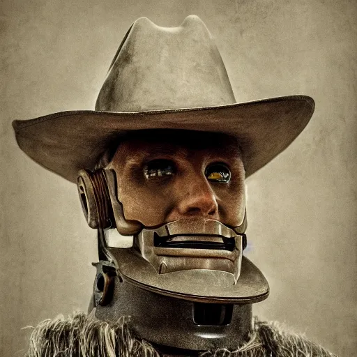 Image similar to beautiful portrait of a time traveling cowboy robot