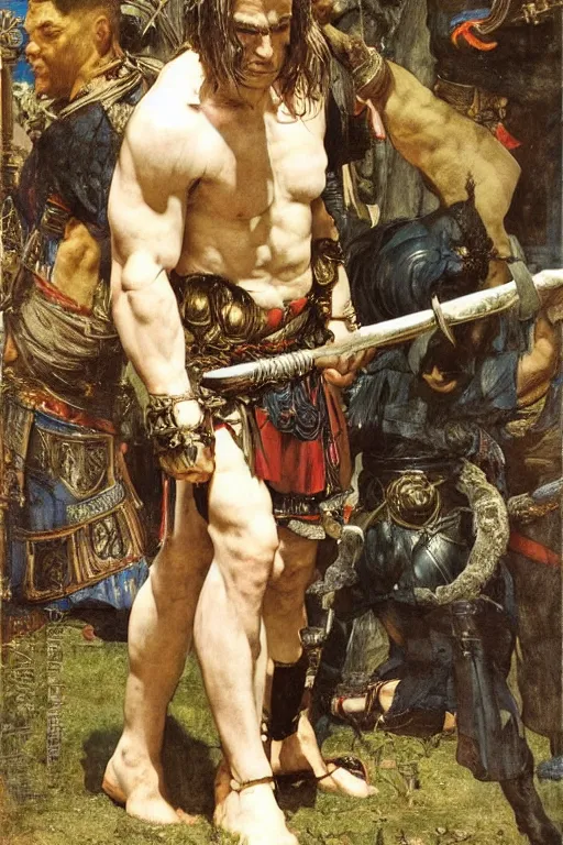 Prompt: henry rollins as a barbarian king of war, god of the wild, silk dress by edgar maxence and caravaggio and michael whelan and delacroix