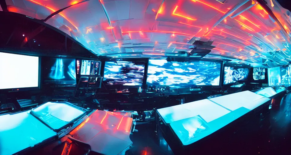 Prompt: Film still of the bridge of a space ship, large viewscreens, control panels, white plastic, black interface, metallic, soft orange and cyan highlights, burning fire, electric sparks, smoke, Cinestill colour cinematography, anamorphic