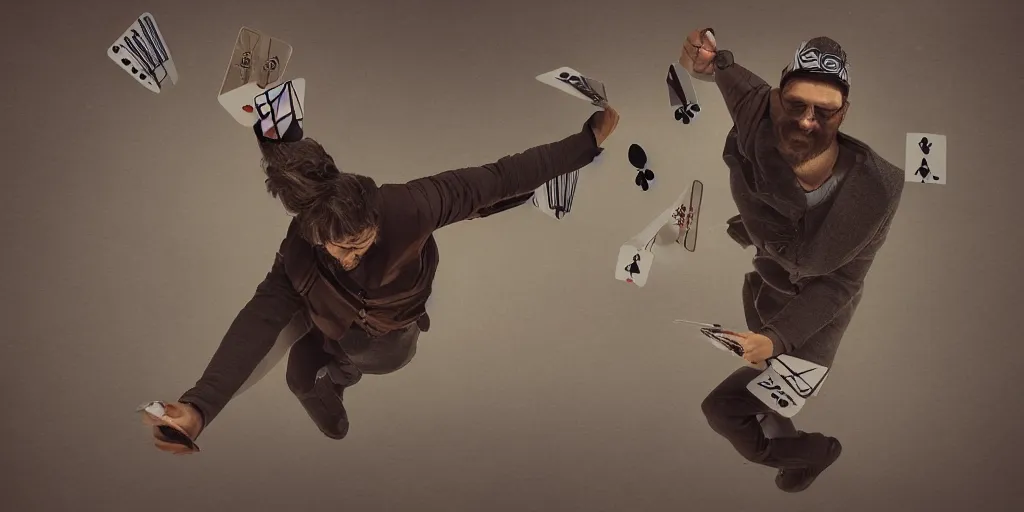 Prompt: man with flying cards, cardistry, fantasy, digital art, highly detailed, 8 k