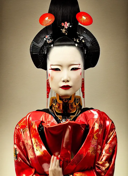 Prompt: portrait of a stylish futuristic geisha cyborg, with a red kimono with japanese golden signs written on it, kintsugi, modern fine art, fractal, intricate, elegant, highly detailed, digital photography, subsurface scattering, in the style of ghost, by jheronimus bosch and greg rutkowski,