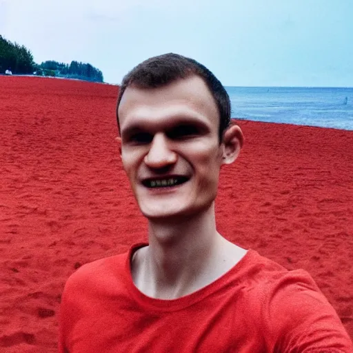 Image similar to vitalik buterin on a red beach taking a selfie