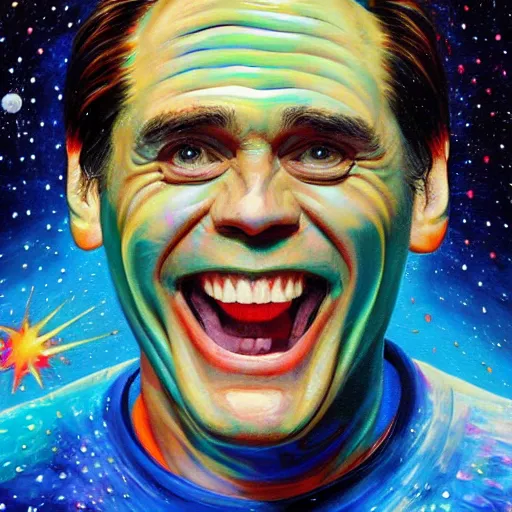 Image similar to jim carrey big smile exploding head, cosmic starfield background oil painting masterwork trending on artstation