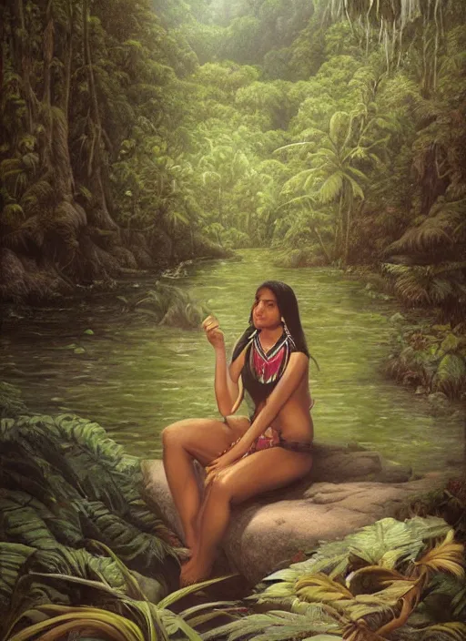 Prompt: a realistic painting of an indigenous woman relaxing near a river in the amazon jungle, highly detailed, trending on devian art, art by christophe vacher