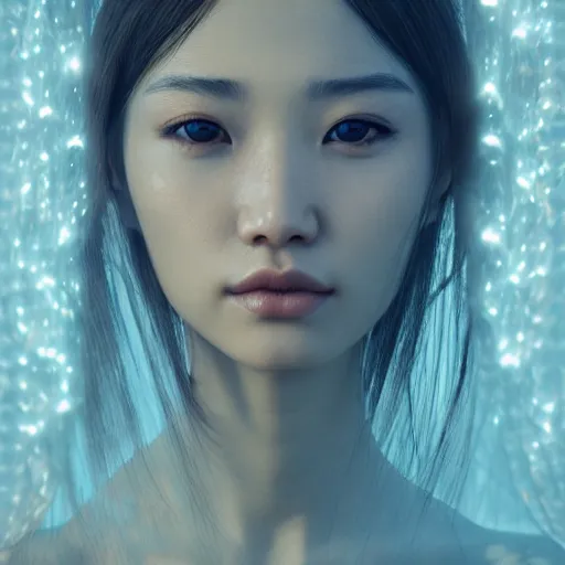 Image similar to intricate highly detailed face portrait of asian - european woman, light blue water vines on her face, intricate, cgsociety, unreal engine, octane render, sharp focus, smooth, volumetric lighting, cinematic composition, artstation