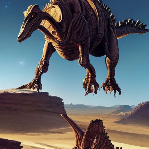 Image similar to hard metal rockers riding dinosaurs in the space desert, boris vallejo style, steampunk, hyper detailed, digital art, cinematic lighting, concept art by artgerm and greg rutkowski and caravaggio and moebius and jakub rebelka, 8 k