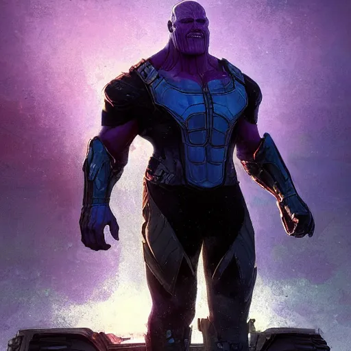 Image similar to portrait of Thanos standing on a tank in a post apocalyptic battlefield at sunrise, action pose, dramatic lighting, high contrast, cosmic horror, abstract, masterpiece, trending on ArtStation, by Moebius, blizzard concept artists, Greg Rutkovski and by Craig Mullins and by Ismail Inceoglu, backlight, rim lighting, god rays, lens flare, james cameron, cinematic, film still-H 704