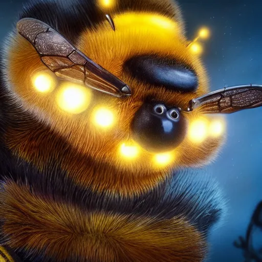 Image similar to Close up shot of Adorable Bee, ultra high detail, huggy wuggy from poppy playtime video game, ultra high detailed, glowing lights, oil painting, Greg Rutkowski, Charlie Bowater, Beeple, unreal 5, DAZ, hyperrealistic, octane render, RPG portrait, dynamic lighting, fantasy art, beautiful face