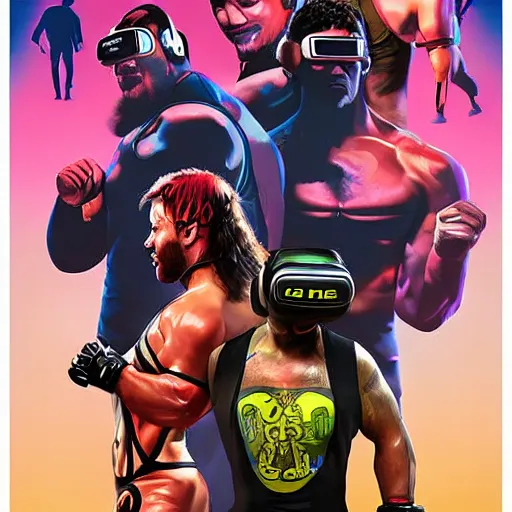 Image similar to poster art of wrestlers wearing vr headsets shrugging, shruggin arms, gta cover, apex legends, tap out, ufc, 8 k, hd, professional digital illustration by sam spratt