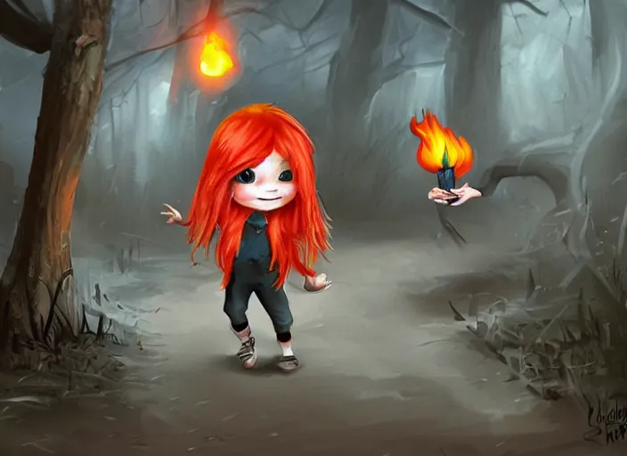 Image similar to little impish friend with fiery hair and matches leads into a spooky neighborhood digital art concept art highly realistic