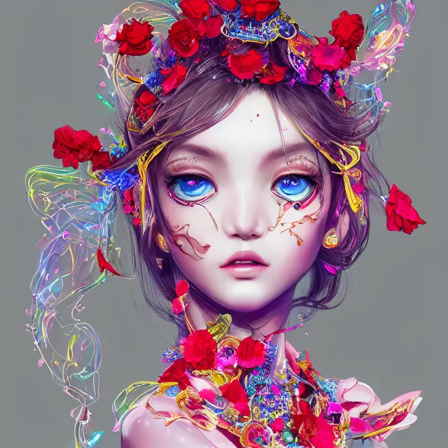 Image similar to studio portrait absurdly beautiful, elegant, lovely, young hypercolorful sensual anime woman rubies red petals gems, ultrafine hyperrealistic detailed face illustration by kim jung gi, irakli nadar, intricate linework, sharp focus, bright colors, matte, octopath traveler, final fantasy, unreal engine highly rendered, global illumination, radiant light, intricate rainbow environment