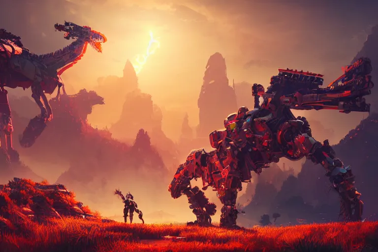 Image similar to behemoth machine mecanical creature robot of horizon forbidden west horizon zero dawn radiating a glowing aura global illumination ray tracing hdr fanart arstation by ian pesty and alena aenami artworks in 4 k