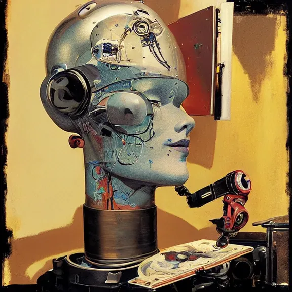 Prompt: robot artist painting a self - portrait on a canvas. intricate, highly detailed, photorealistic, film still, by alexandros pyromallis, gil elvgren, sachin teng.