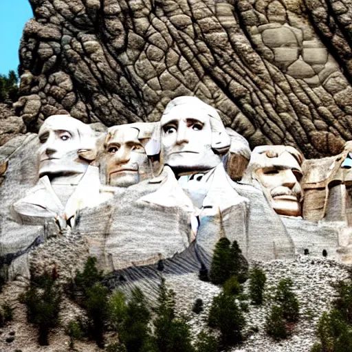 Image similar to a photo of mount rushmore after donald trump's face had been added. the photo clearly depicts the facial features of donald trump and his particular hair style carved into the stone at the mountain top