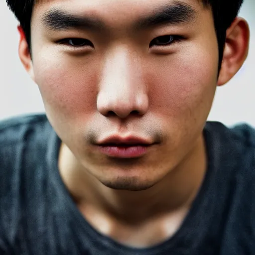 Prompt: a young asian man with a very square face, very short thick curly black hair and swarthy skin with mild pimples. close - up portrait