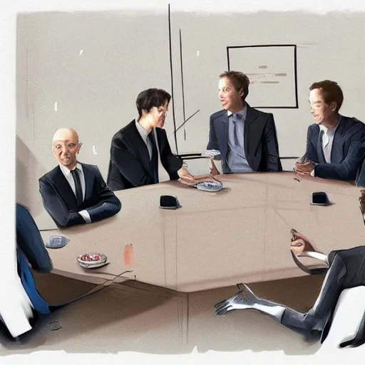 Image similar to portrait of elon musk, mark zuckerberg, jeff bezos, in meeting together, same table, very detailed, art contest winner on behance, trendy on deviant art, by by artgem, greg rutkowski, makoto shinkai