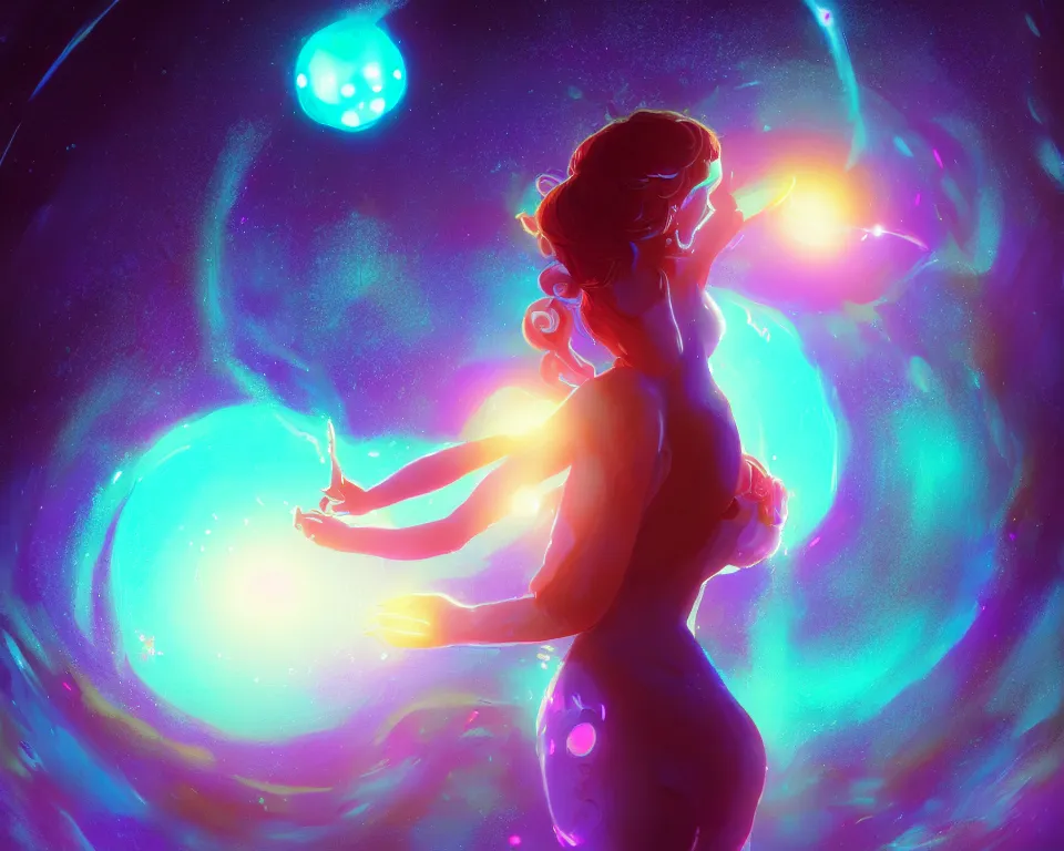 Image similar to a beautiful whimsical woman standing under a multi-colored binary blackhole with an accretion disc, casting magic, glowing trails following her arms, digital art, by Lois van Baarle, by Greg Rutkowski, by artgerm, by beeple, by studio ghibli, cinematic angle, volumetric lighting, 4k resolution, octane render, trending on artstation, masterpiece