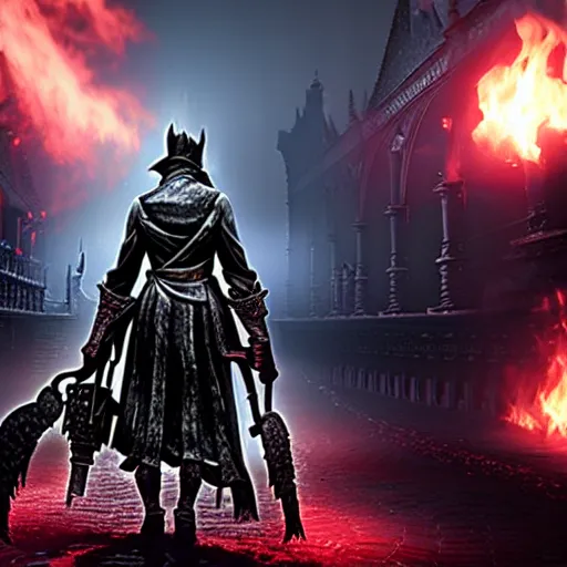 Image similar to bloodborne fps, flames, soft focus, dark, 4 k