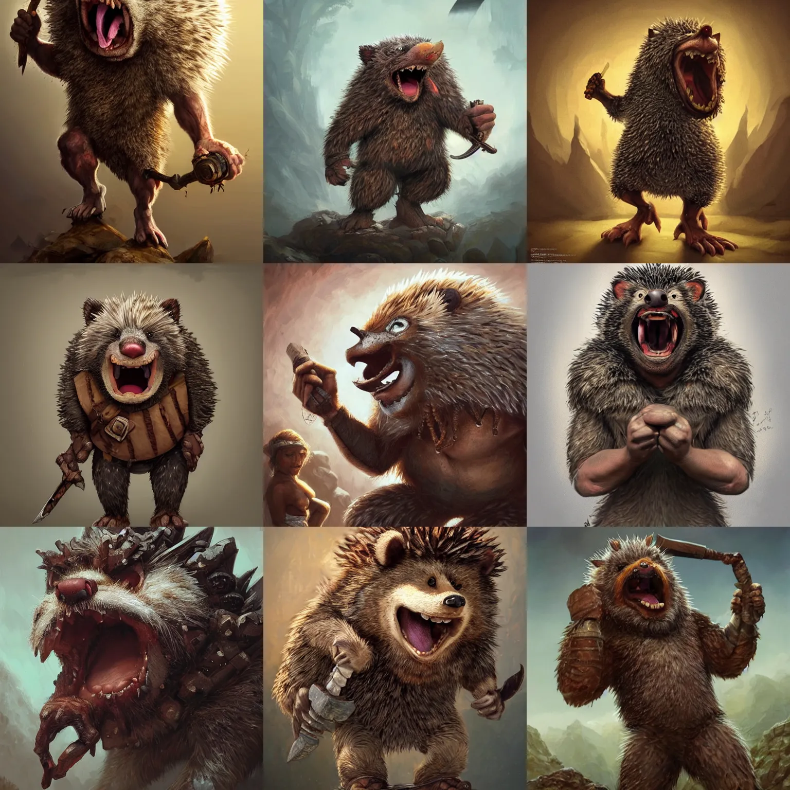 Prompt: anthropomorphic rugged screaming hedgehog!!! with furry!! oversized barbarian muscular upper body, oversized big arms, 👅 👅 , D&D, fantasy, intricate, elegant, highly detailed, digital painting, artstation, concept art, smooth, sharp focus, illustration, art by artgerm and beeple and greg rutkowski and alphonse mucha