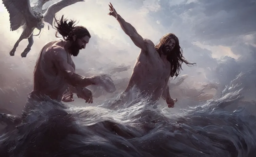 Image similar to Jesus Christ fighting Lucifer, digital art,ultra realistic,ultra detailed, ultra wide Lens, art by greg rutkowski