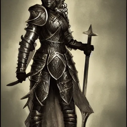 Prompt: female knight, intricate etched armor, standing astride a gate, artstation, in the style of Lucia Hsiang, clean