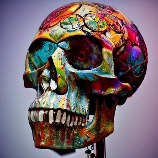 Prompt: A beautiful kinetic sculpture of a skull that is part organic, part mechanic. It is an accurate representation of how the artist sees the world. by Lori Earley, by Antoine Blanchard colorful, geometric