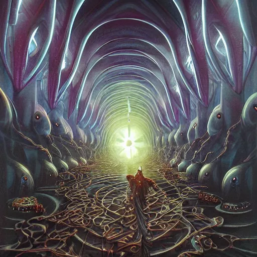 Image similar to a quantum computer, a dark cabal of hooded mystics in long robes gathered in a circular formation around a highly advanced quantum computer processing the spirits of the dead, epic scifi art, dan seagrave art, michael whelan