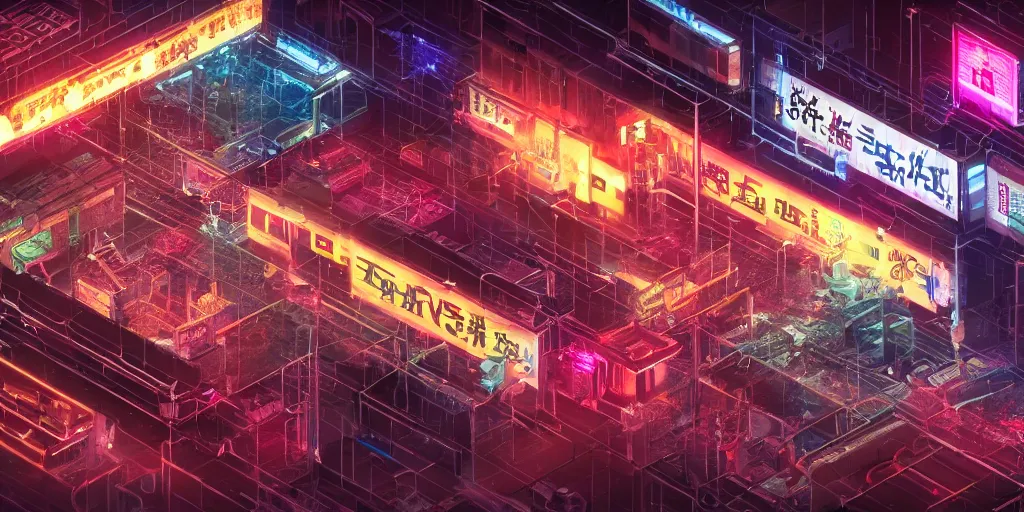 Prompt: isometric room of a room filled with factory exploding at night in the center of a futuristic sci-fi asian city, signboards, neon lights, blade runner color palette, rendered in octane render by Yasunari Ikenaga, Yamato, Macross