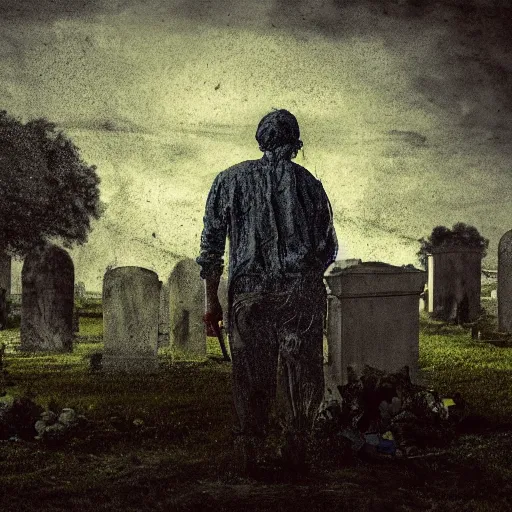 Image similar to one man in a cemetery digging up a dead body, by nicola samori, painting, 8 k, high detail, blue, orange, and dark green tones, high quality, sad feeling, high detail, dark colors, sinister atmosphere, dramatic lighting, cinematic, establishing shot, extremely high detail, photo realistic, cinematic lighting