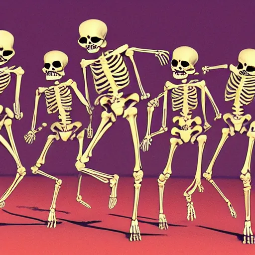 Prompt: skeleton dancing in a late night party filled with other skeletons, ultrarealistic