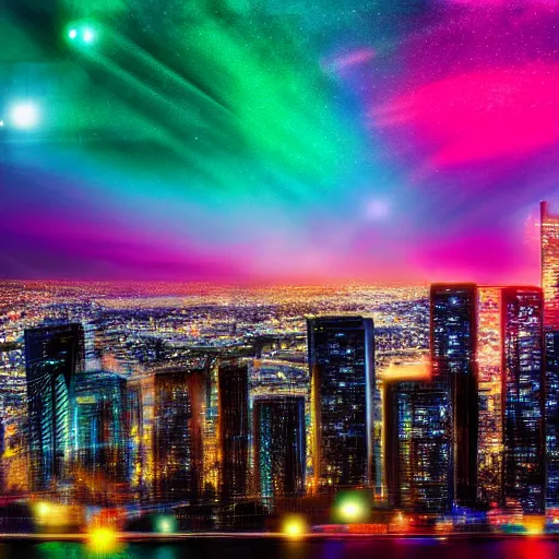 Image similar to modern city, night time, neon colours, water front apart of city, stars and comet in sky, high def, 8 k, hd, high definition building, made with spray paint,